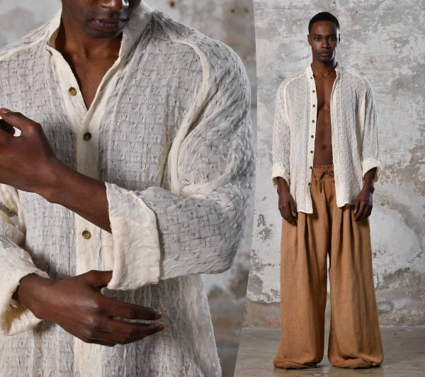 White Boho Funky Organic Cotton Shirt Hand Woven