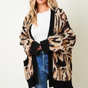 Leopard Print Cardigan: Fuzzy Long Sleeve Animal Sweater